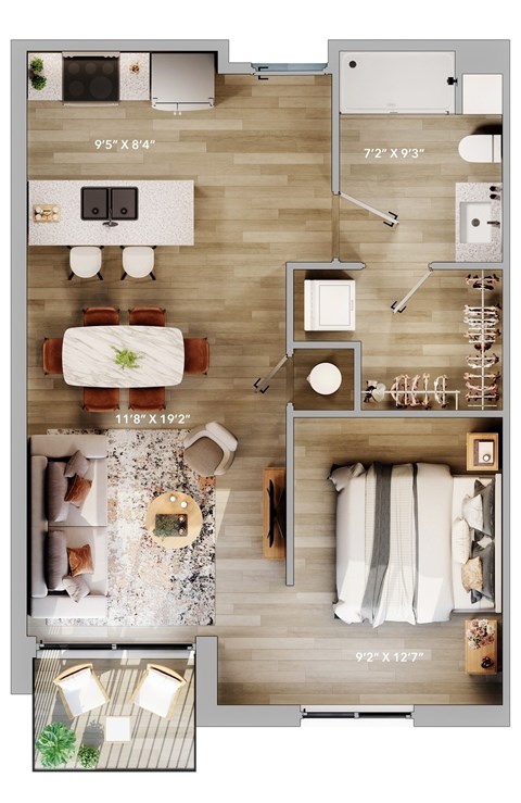 Floor plan for studio, 1 bath, 606 sqft
